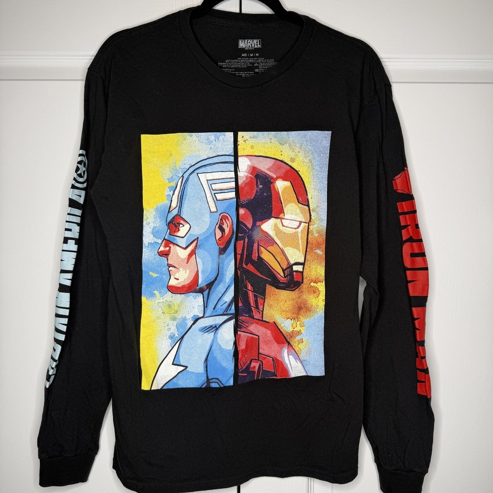 Marvel Shirt Mens‎ Medium Black Captain America Iron Man Long Sleeve Graphic Tee